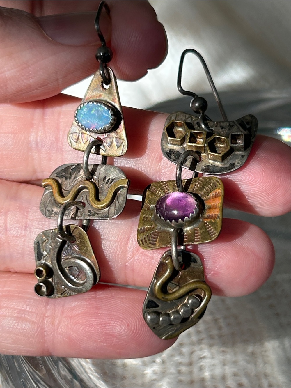 Opal and Purple Amethyst Artisan 925 Mixed-Metal Dangle Earrings (E1) - Picture 4 of 10
